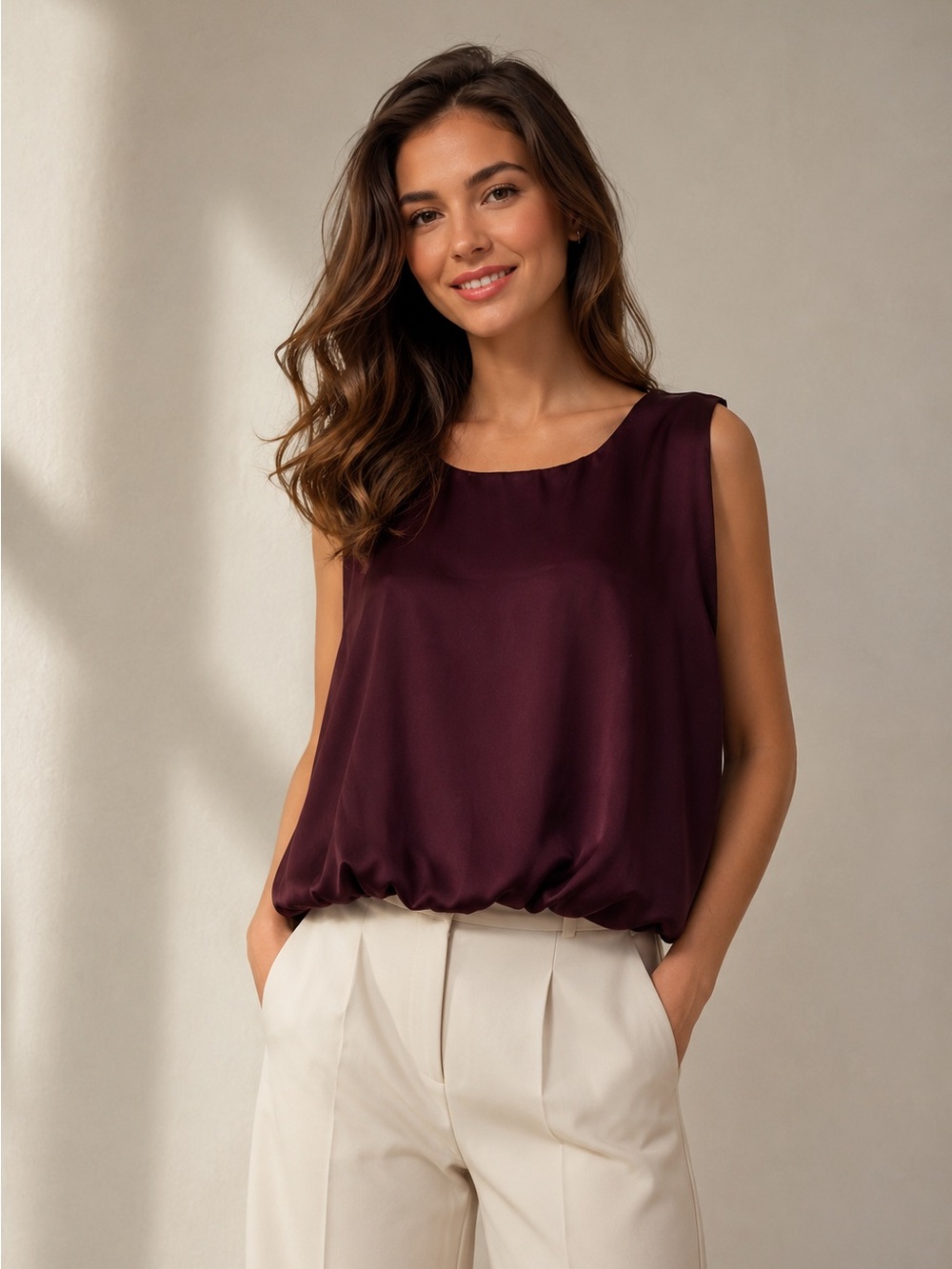 Nine Britton Sleeveless Camisole in Burgundy with Gold Back Buttons